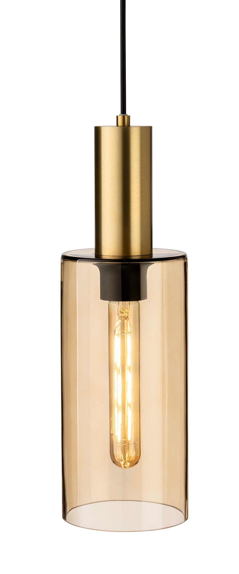 Cylindrical pendant light with a brass top and a clear amber glass shade revealing a filament bulb