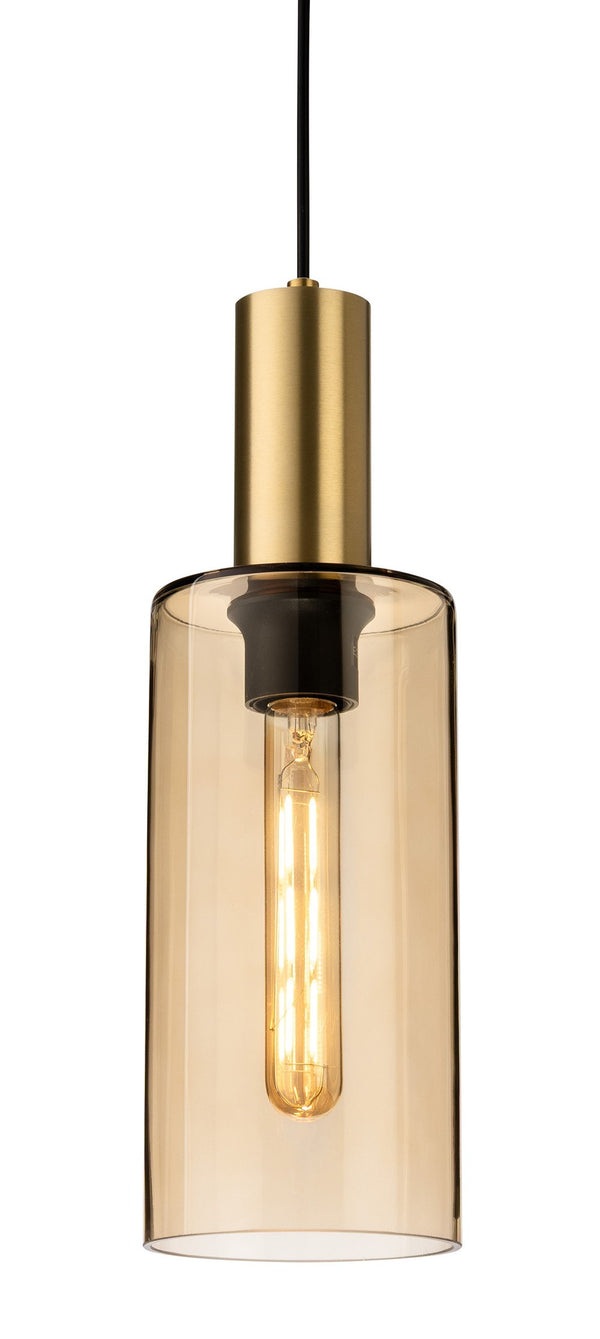 Cylindrical pendant light with a brass top and a clear amber glass shade
