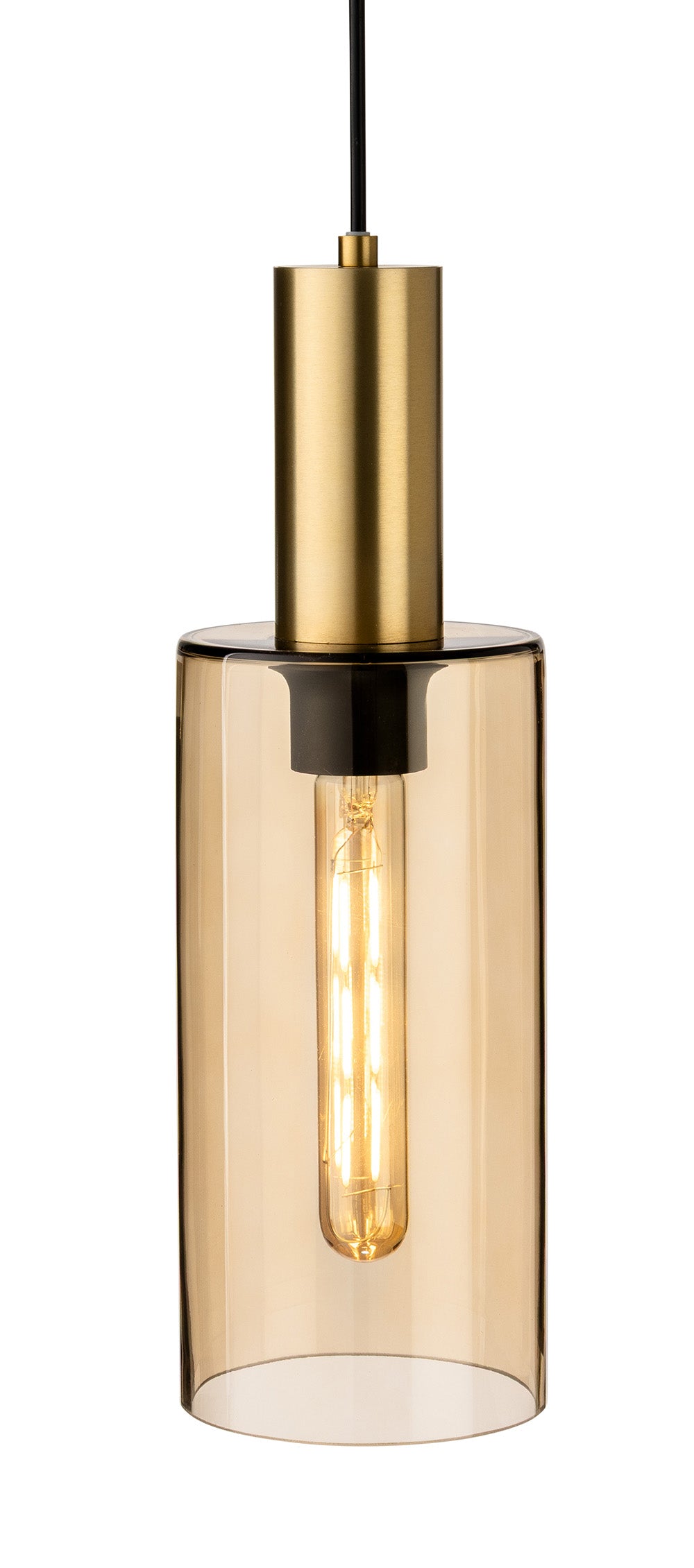 Close up of a pendant light with a cylindrical brass top and a clear amber glass shade