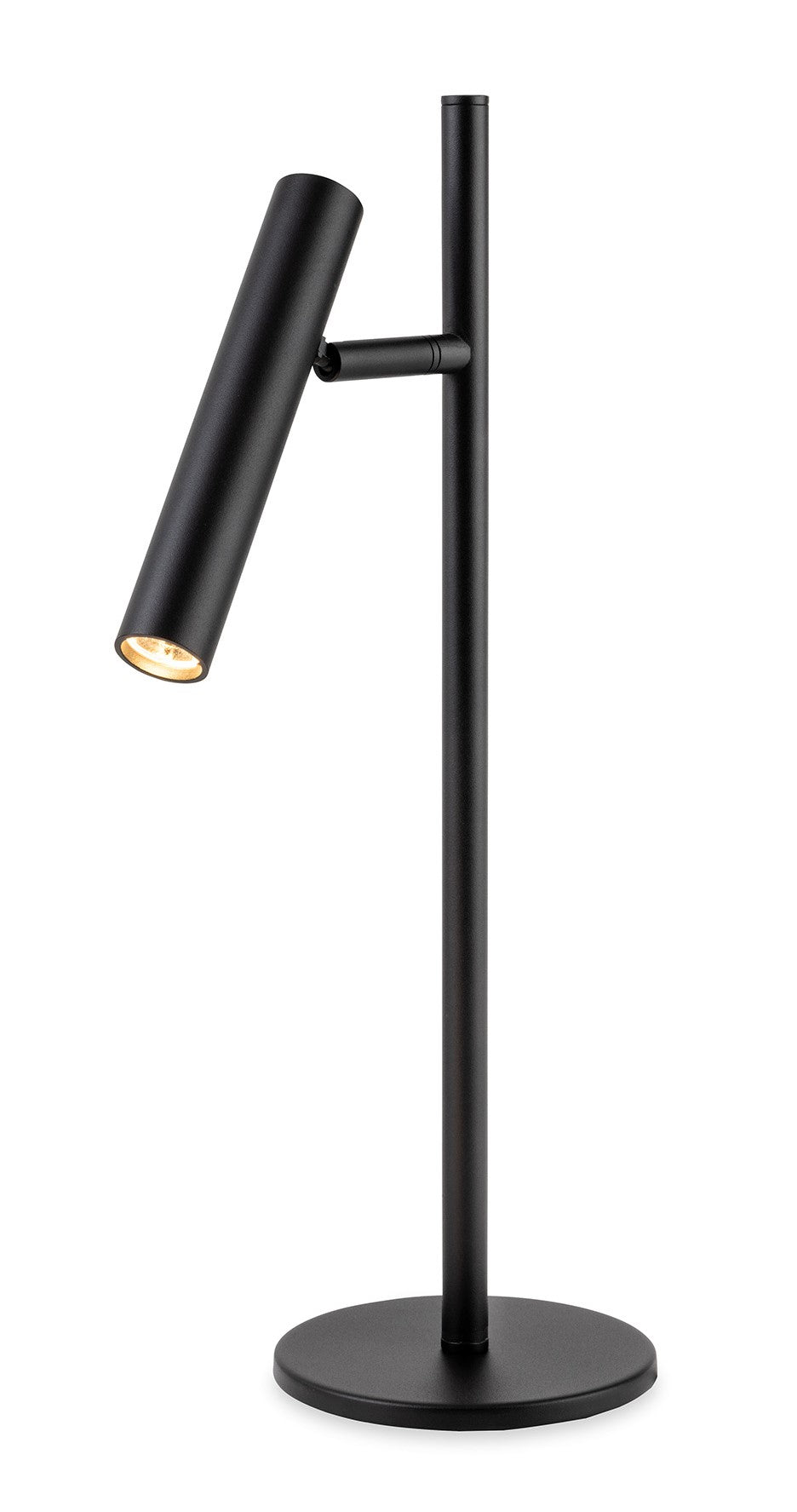 Black metal desk lamp with a cylindrical head angled downwards, emitting a warm light, on a round base
