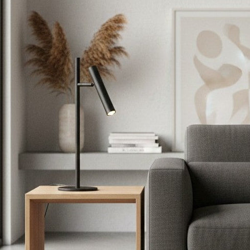 Black desk lamp on a wooden side table next to a grey sofa