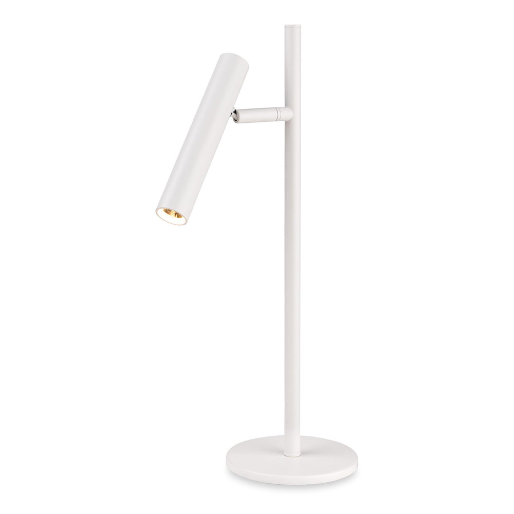 White metal floor lamp with a cylindrical head and a round base