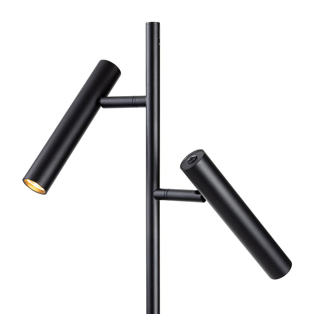 Black metal floor lamp with two adjustable cylindrical lights, one angled up and one angled down