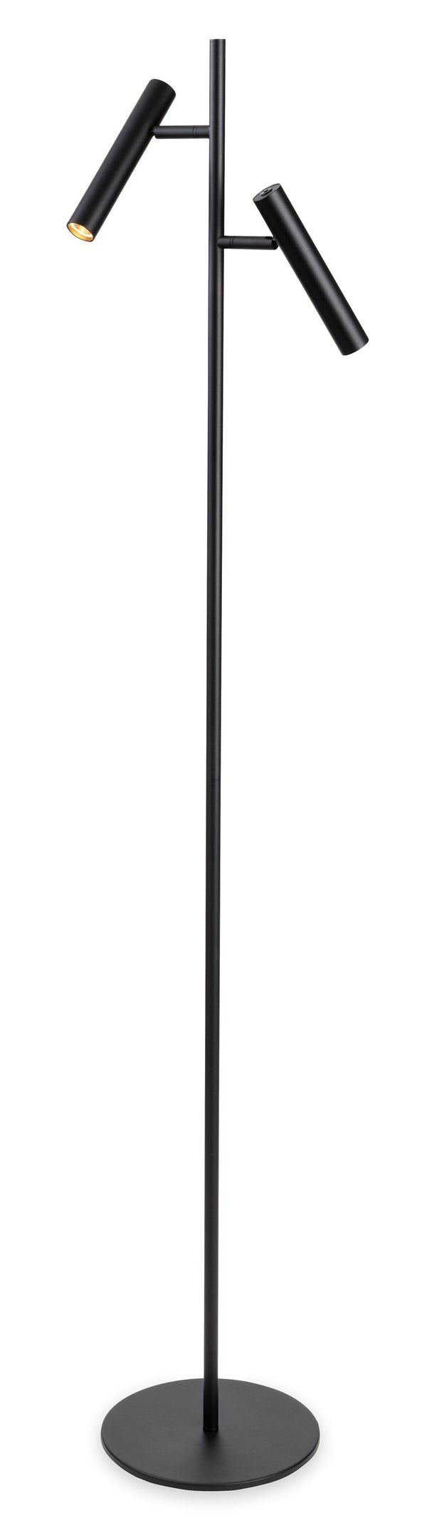 Black metal floor lamp with two adjustable cylindrical lights and a round base