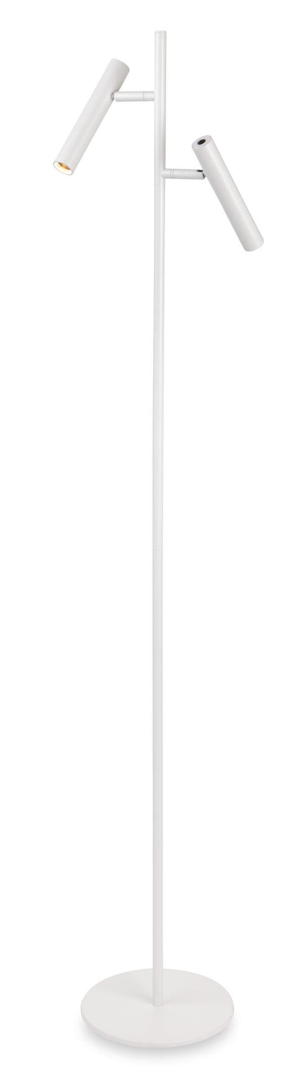 White floor lamp with two adjustable cylindrical lights extending from the top of the pole