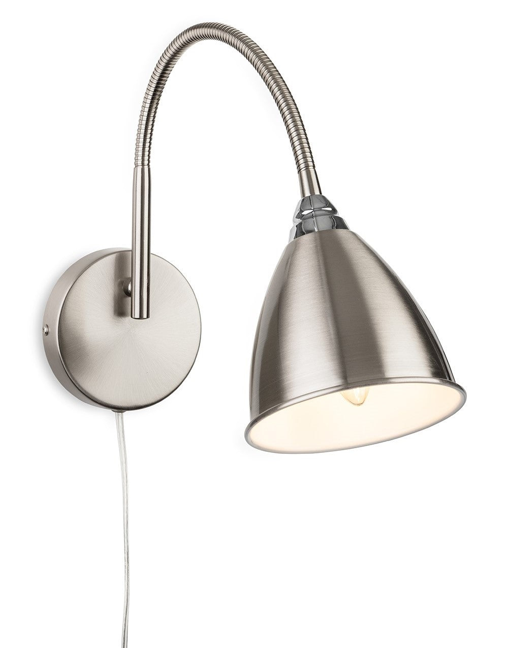 Brushed steel wall light with flexible arm and conical shade