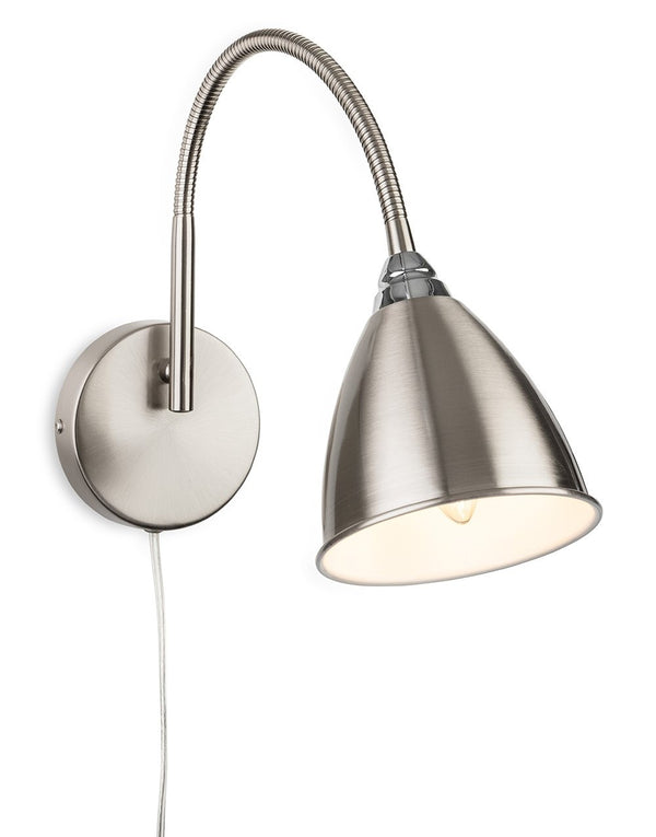 Brushed steel wall light with flexible arm and conical shade