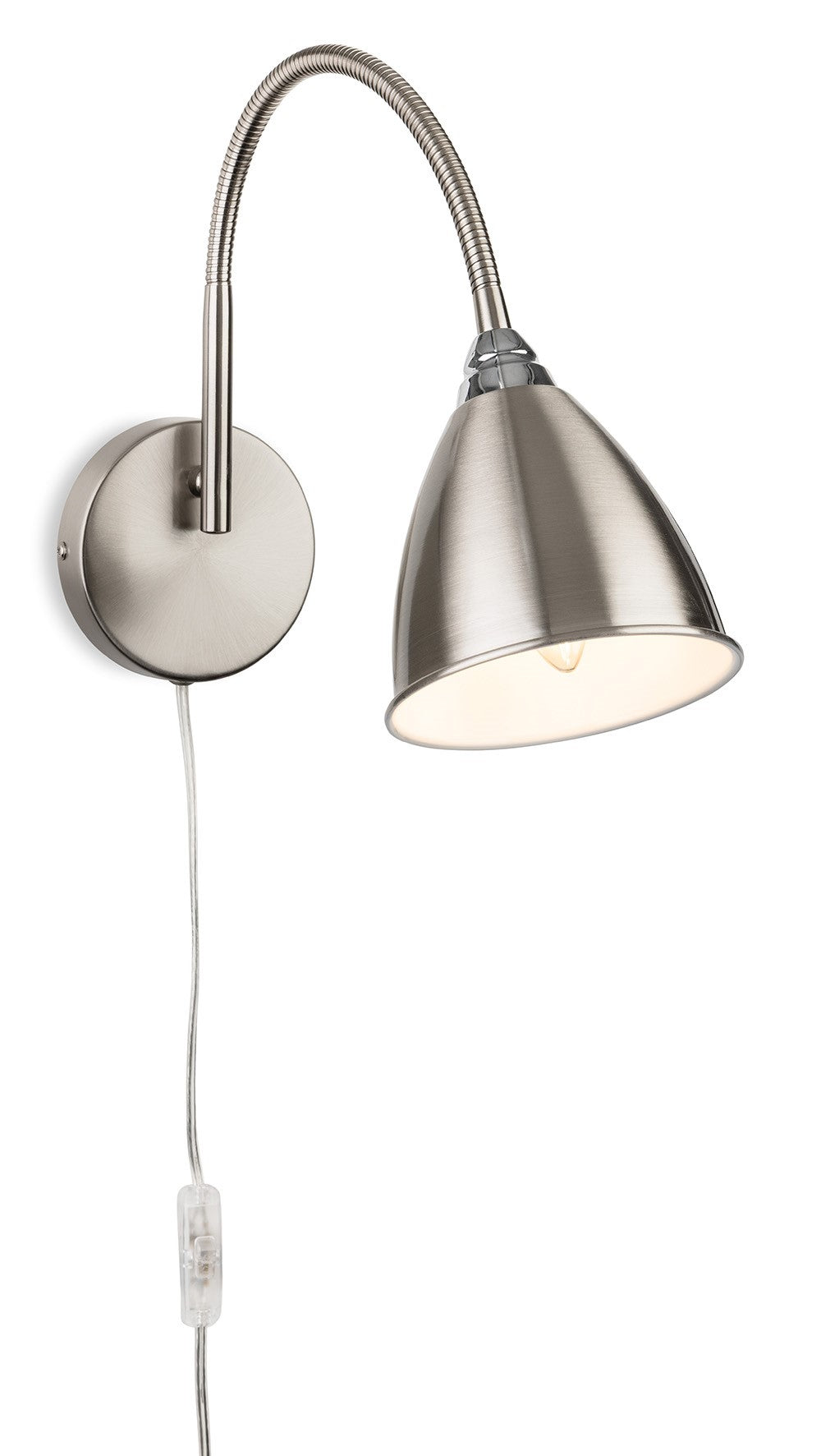 Brushed nickel wall light with a flexible arm and a cone-shaped shade, with a visible lightbulb