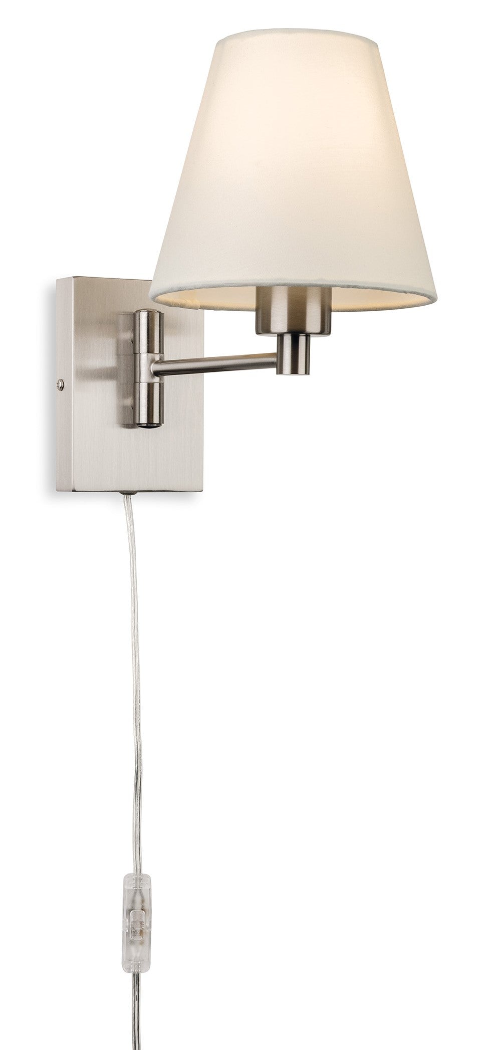 Brushed steel wall light with a white fabric shade and a clear inline switch on a white background