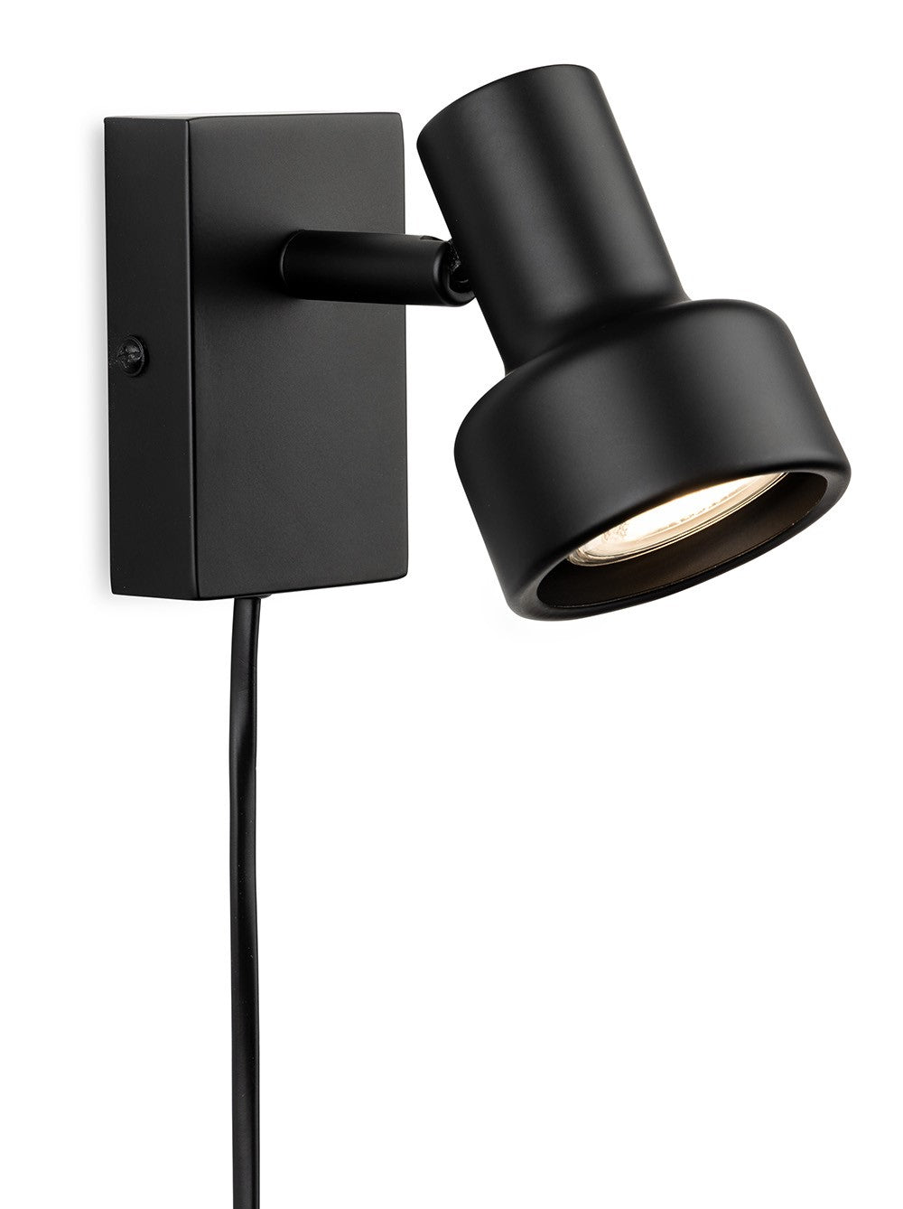 Black wall-mounted spotlight with a square base and a cylindrical head, angled downwards, emitting light