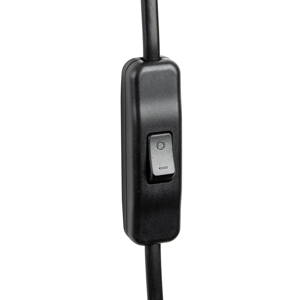 Black inline cord switch with a rocker button, showing the off position with a horizontal line