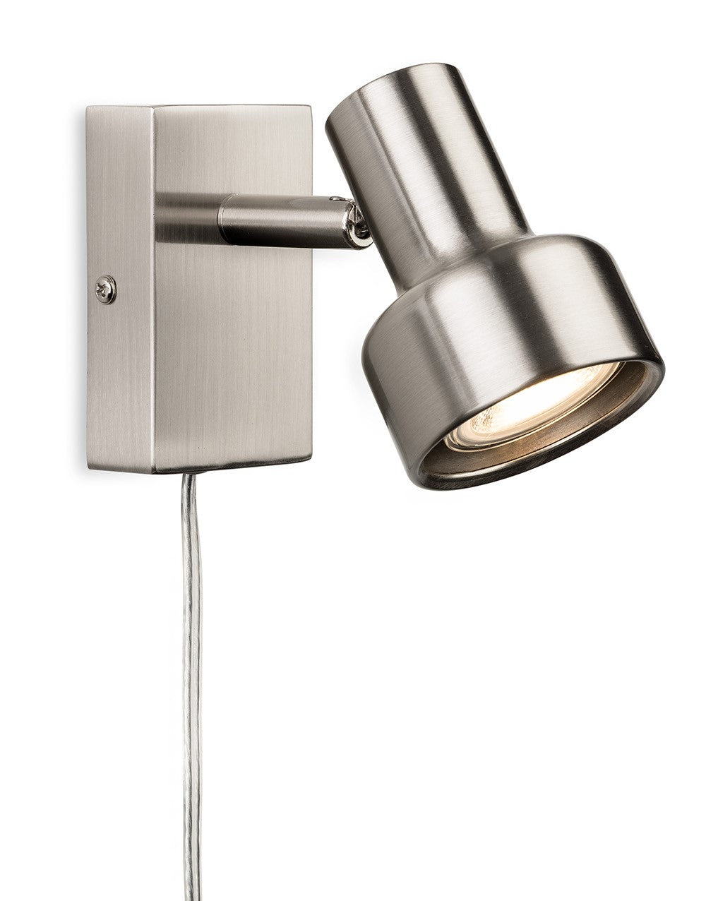 Brushed nickel wall-mounted spotlight with a visible lightbulb and a clear power cord