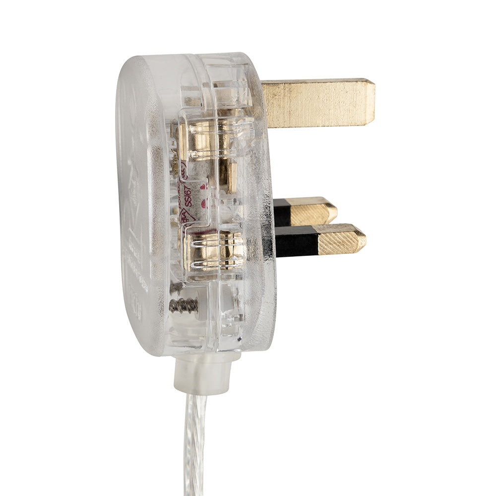 Clear UK plug with three brass pins and a white cable