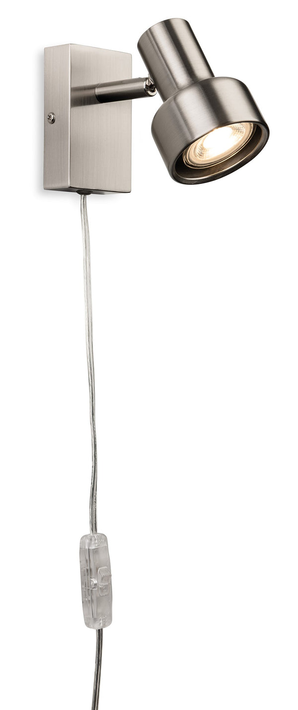 Brushed steel wall light with an adjustable spotlight and a clear inline switch on a white background