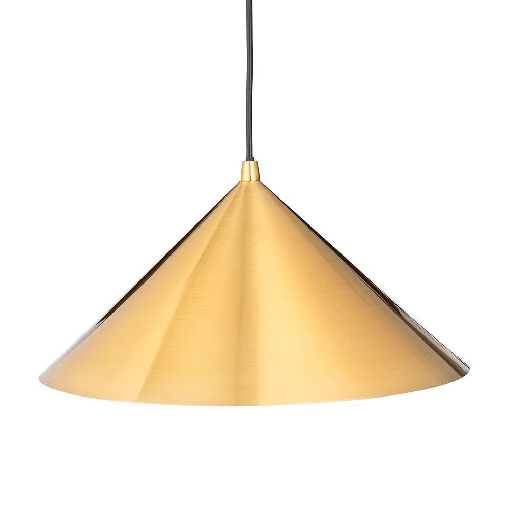 Gold conical pendant light with a black cord