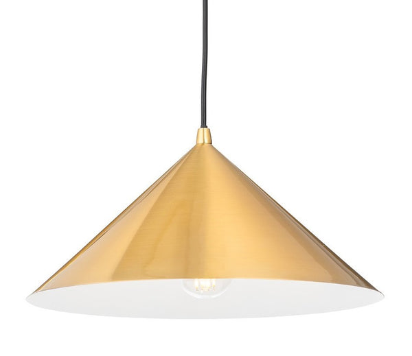 Gold cone-shaped pendant light with a white interior and exposed bulb