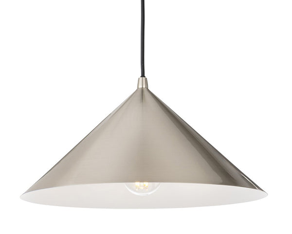 Brushed nickel cone pendant light with a white interior and exposed bulb