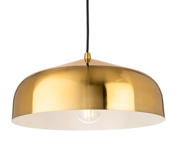 Brass dome pendant light with a black cord and exposed bulb