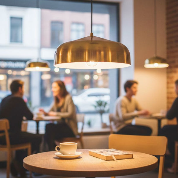 Coffee cup and book on a table in a cafe with people in the background