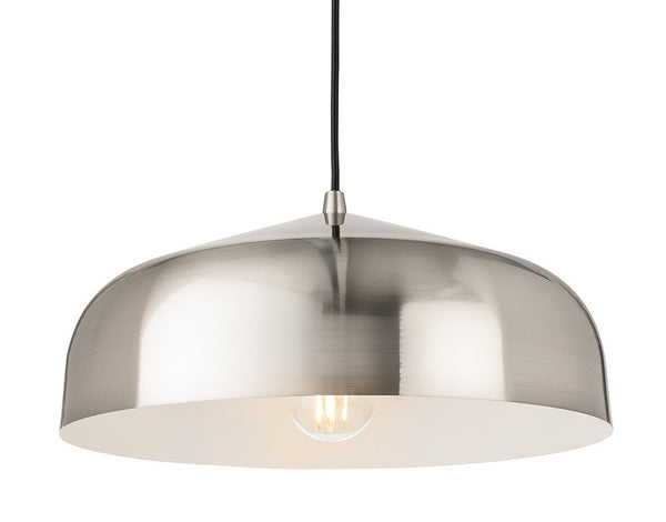 Brushed nickel dome pendant light with a black cord and exposed bulb