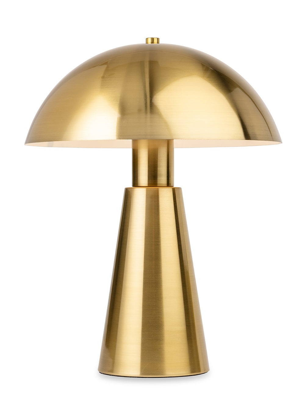 Brushed brass table lamp with a conical base and a domed shade