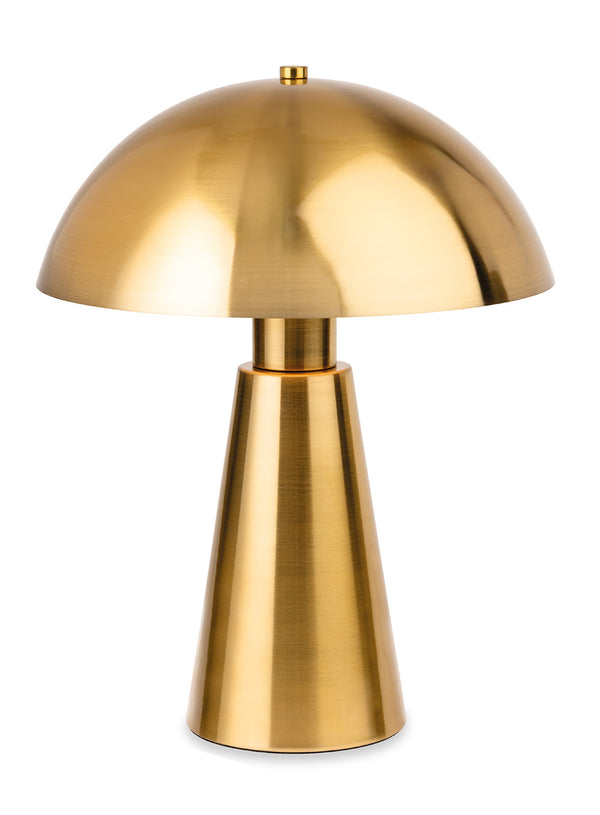Brushed gold mushroom table lamp with a conical base and domed shade