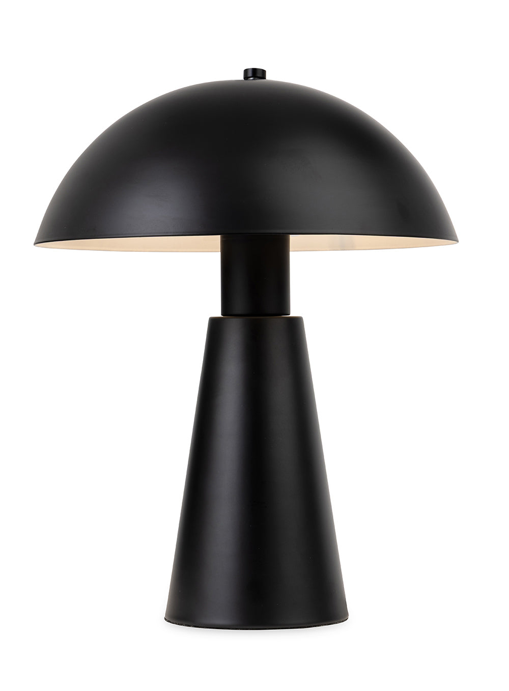 Black mushroom table lamp with a conical base and a domed shade