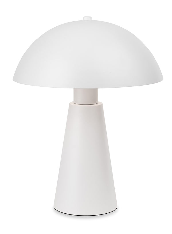 White mushroom-shaped table lamp with a conical base and a domed shade