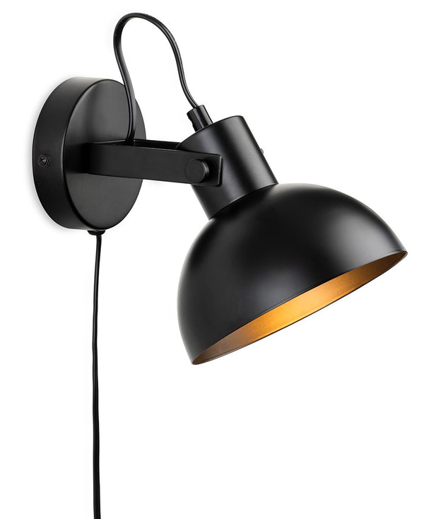 Black wall-mounted spotlight with a gold interior and a visible power cord