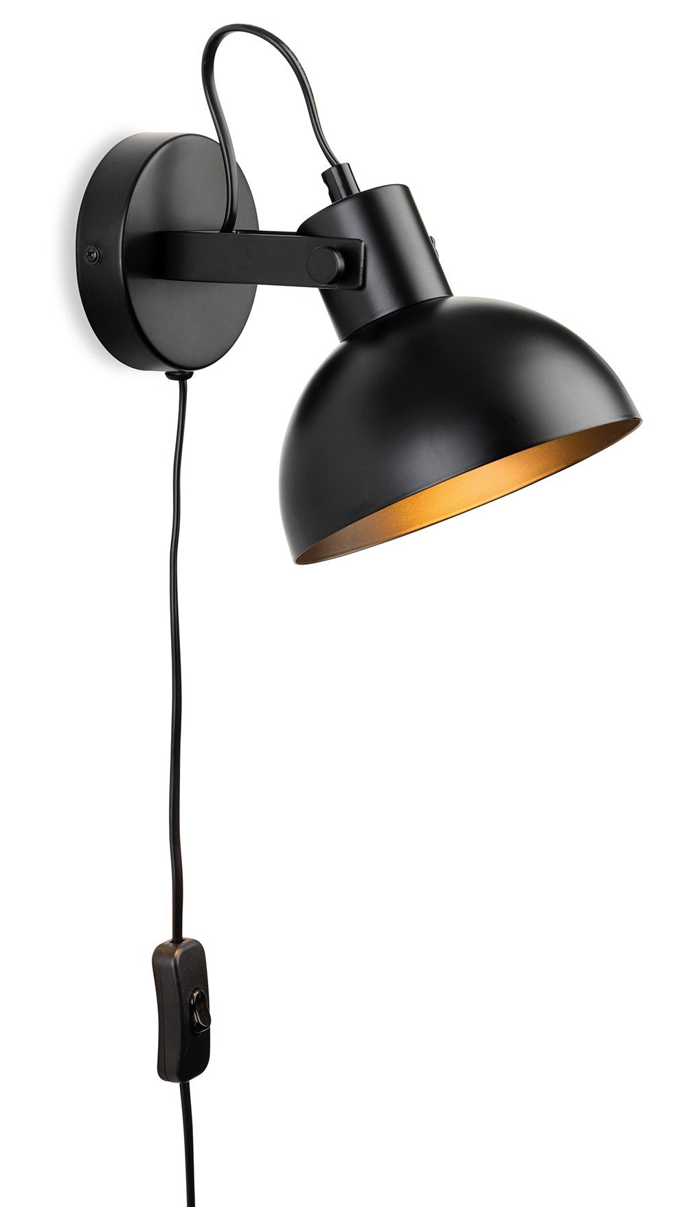 Black wall lamp with a dome-shaped shade and a gold interior, attached to a round base with a visible cord and switch
