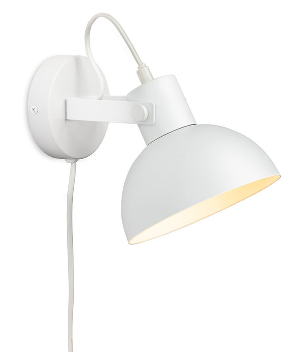 White wall lamp with a dome-shaped shade and an adjustable arm, casting a warm light