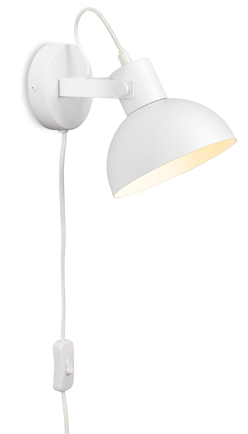 White wall lamp with a dome-shaped shade and an adjustable arm, casting a warm light downwards