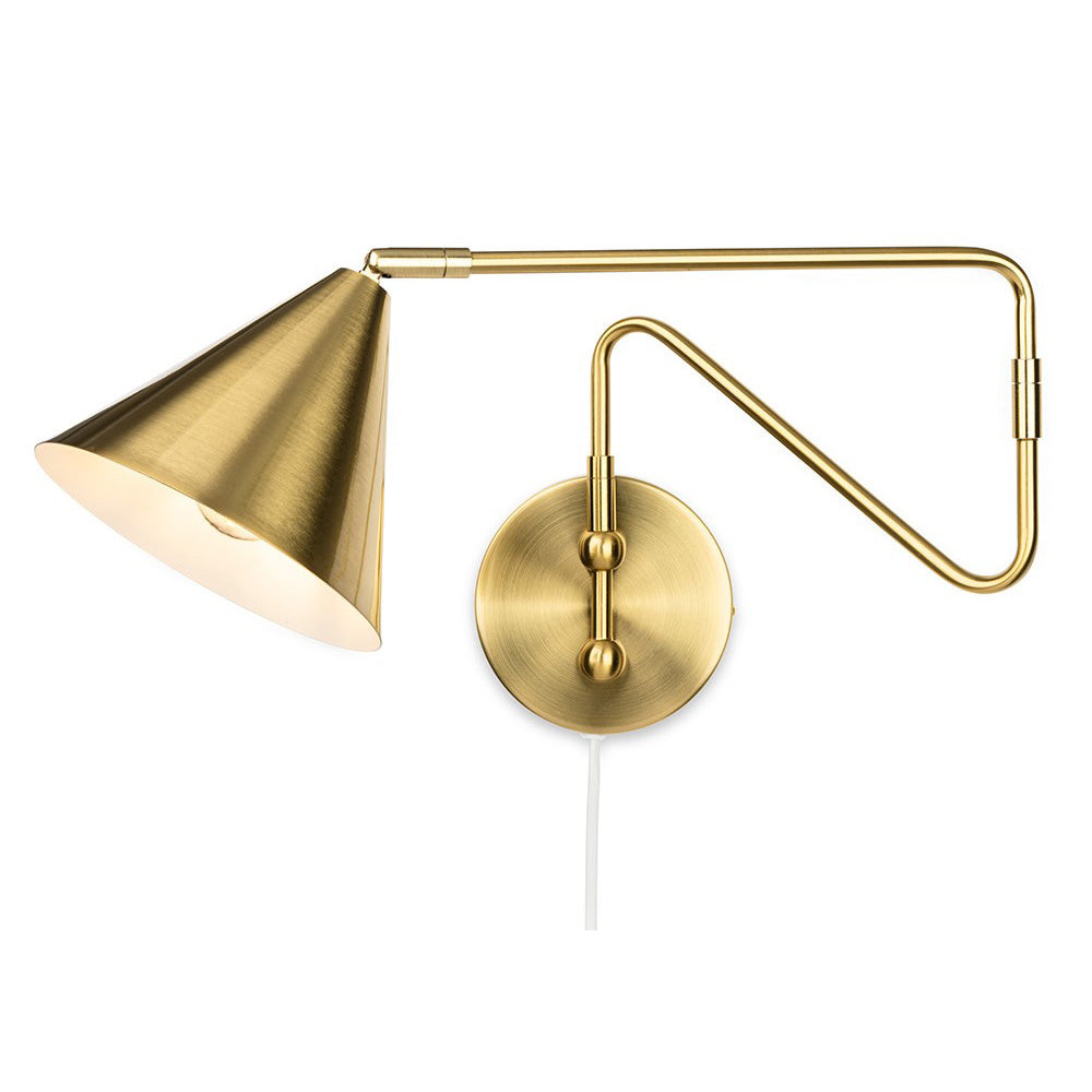 Brass wall sconce with a conical shade and an adjustable arm