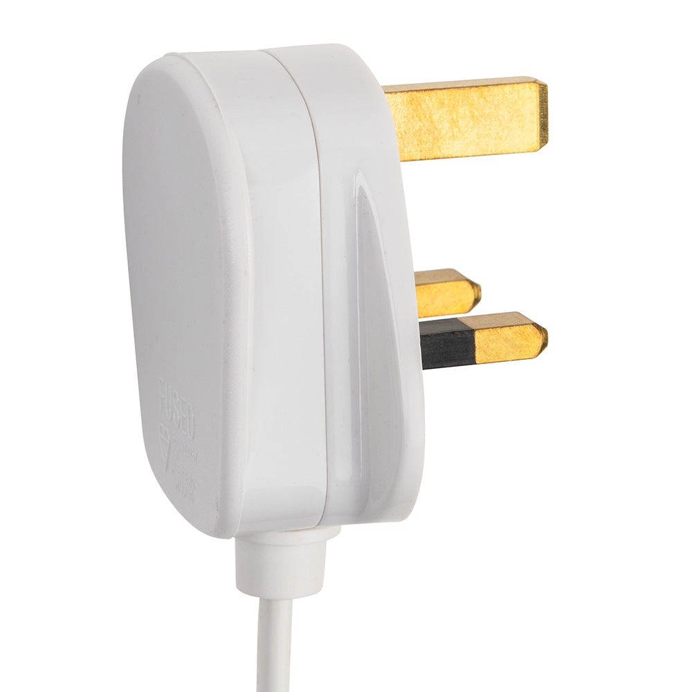 White UK 3-pin plug with gold-colored pins and a white cable