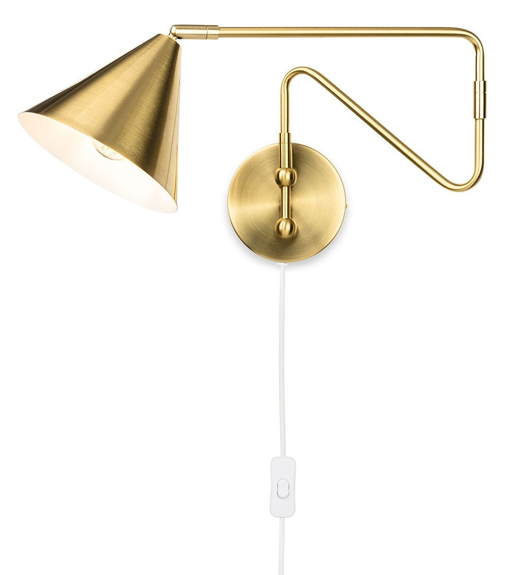 Brass wall lamp with a conical shade and an adjustable arm, featuring a white cord and an inline switch