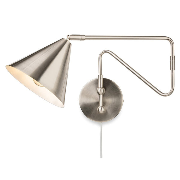 Brushed nickel wall sconce with a conical shade and adjustable arm