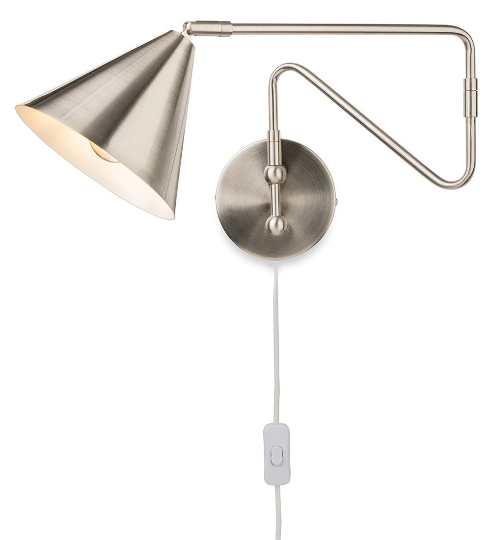 Brushed nickel wall sconce with a conical shade and a white cord with an inline switch