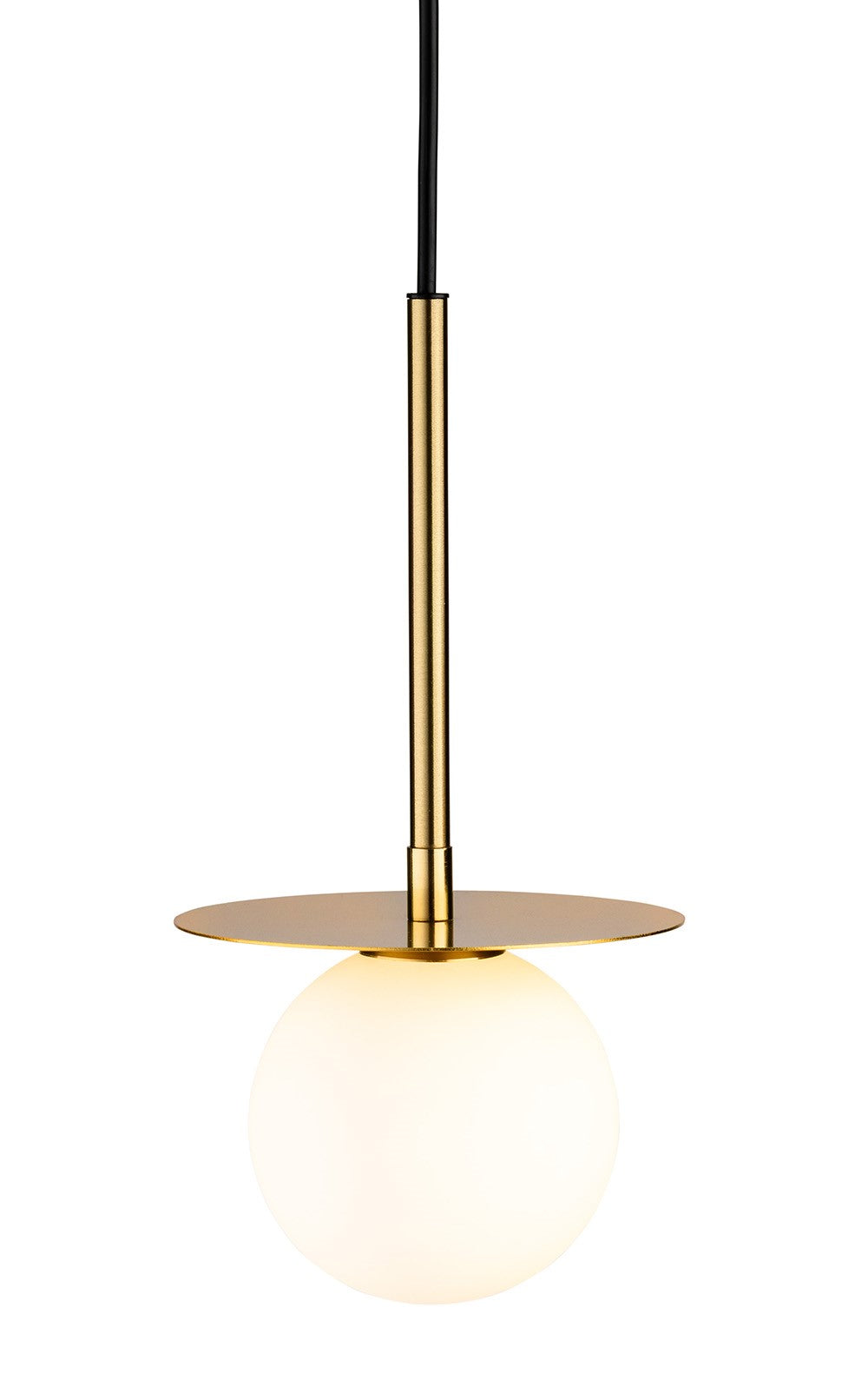 Gold pendant light with a round white glass shade