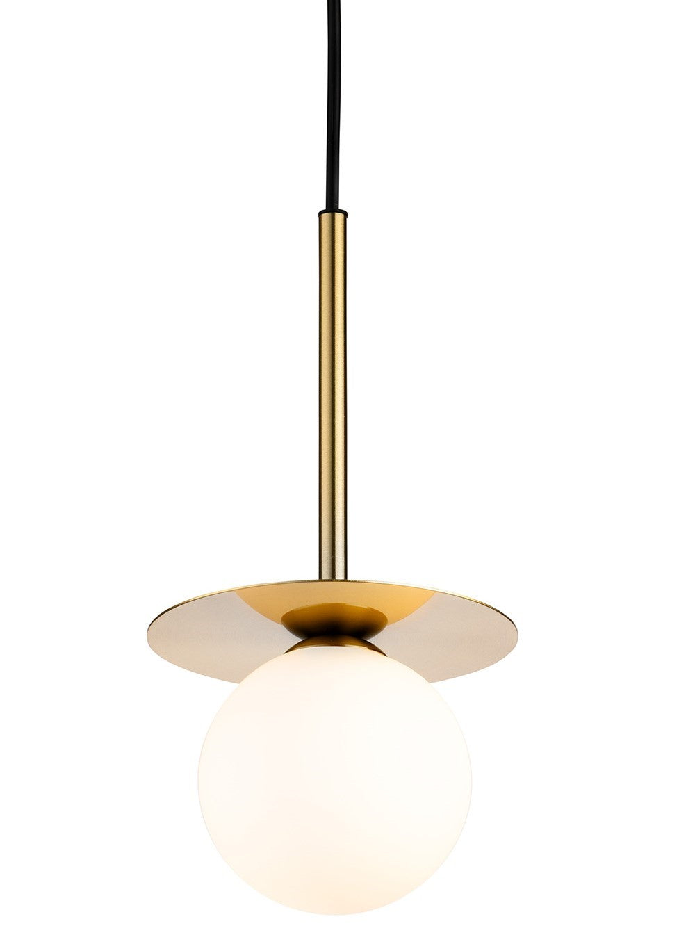 Brass pendant light with a white spherical shade