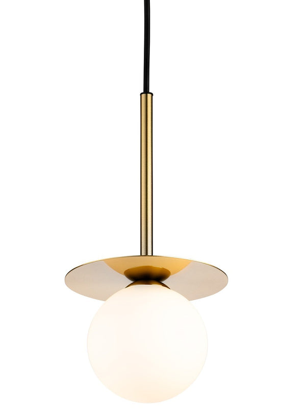 Brass pendant light with a white spherical shade