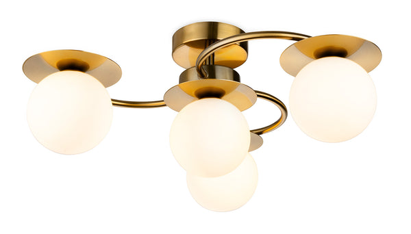 Brass ceiling light with four opal glass globe shades