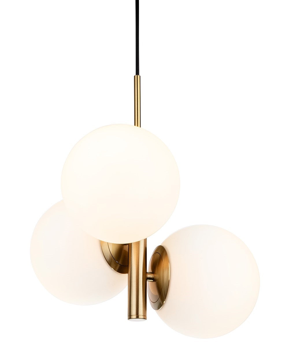 Three white spherical pendant lights with brass accents
