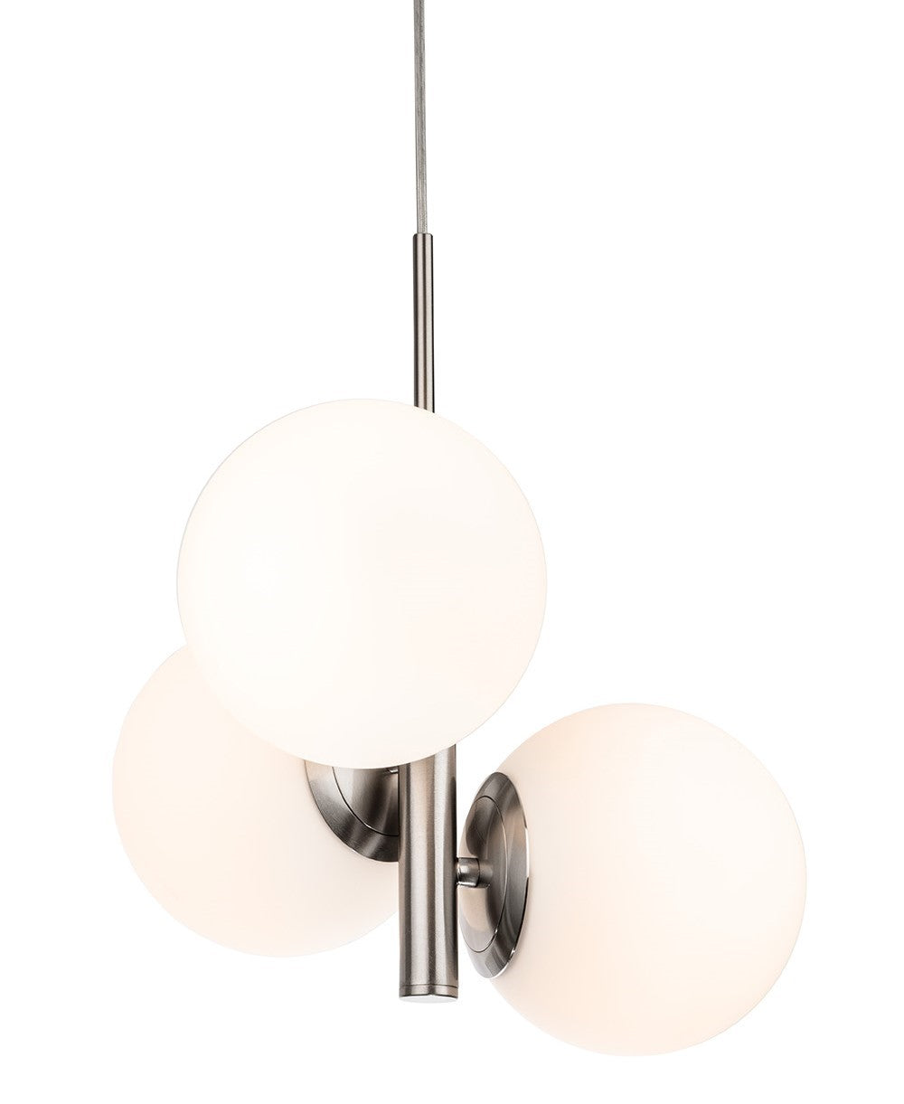 Three white spherical pendant lights with brushed metal accents
