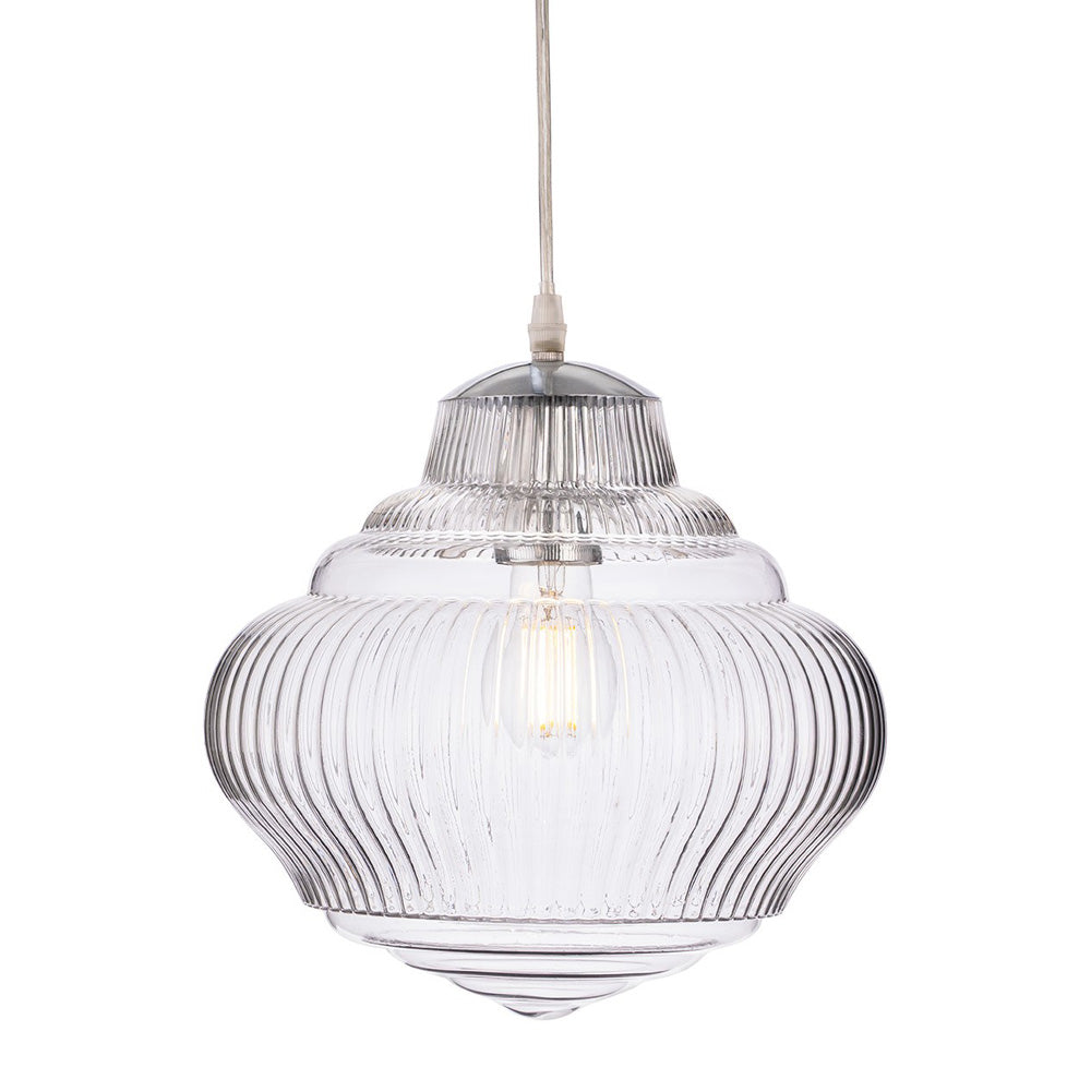 Clear ribbed glass pendant light with a silver cap and a visible filament bulb