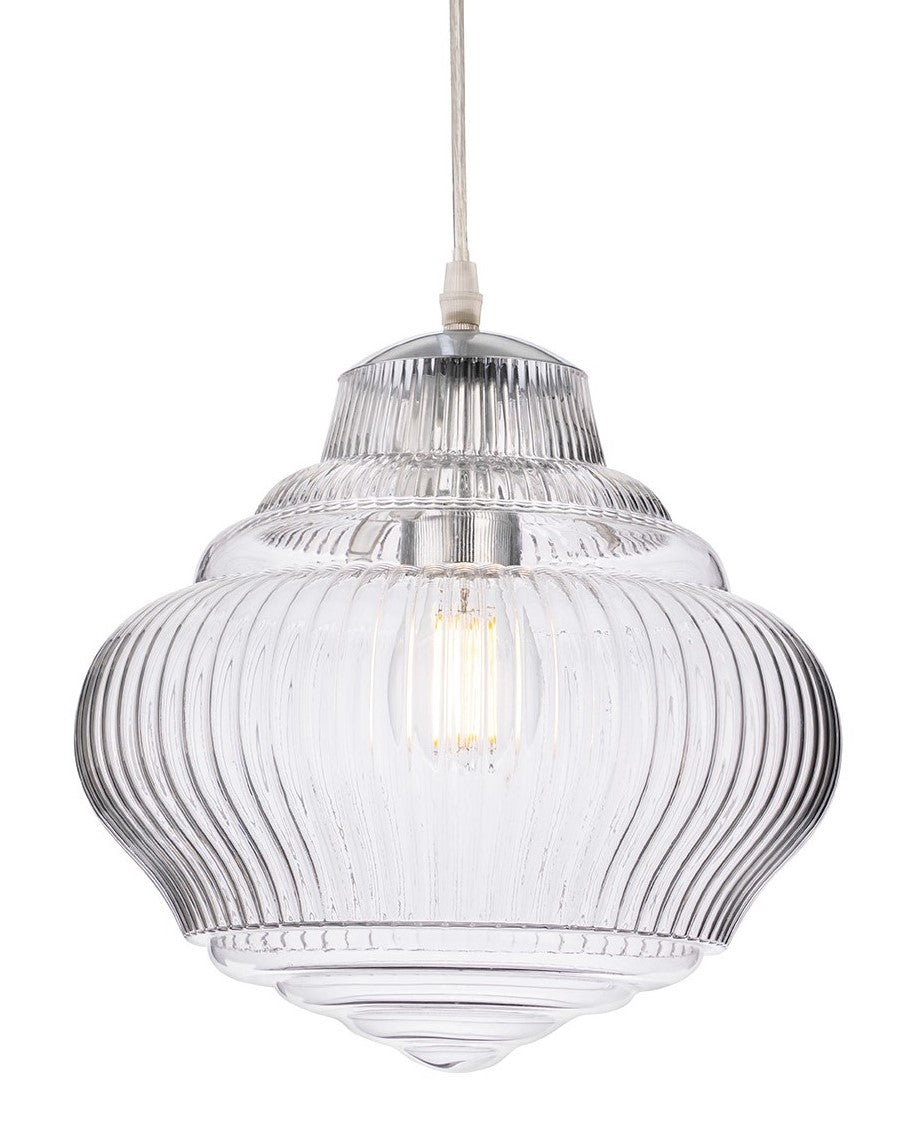 Clear ribbed glass pendant light with a single exposed bulb