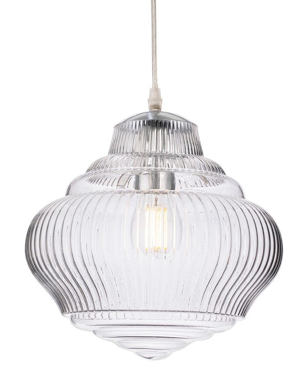 Clear ribbed glass pendant light with a single exposed bulb