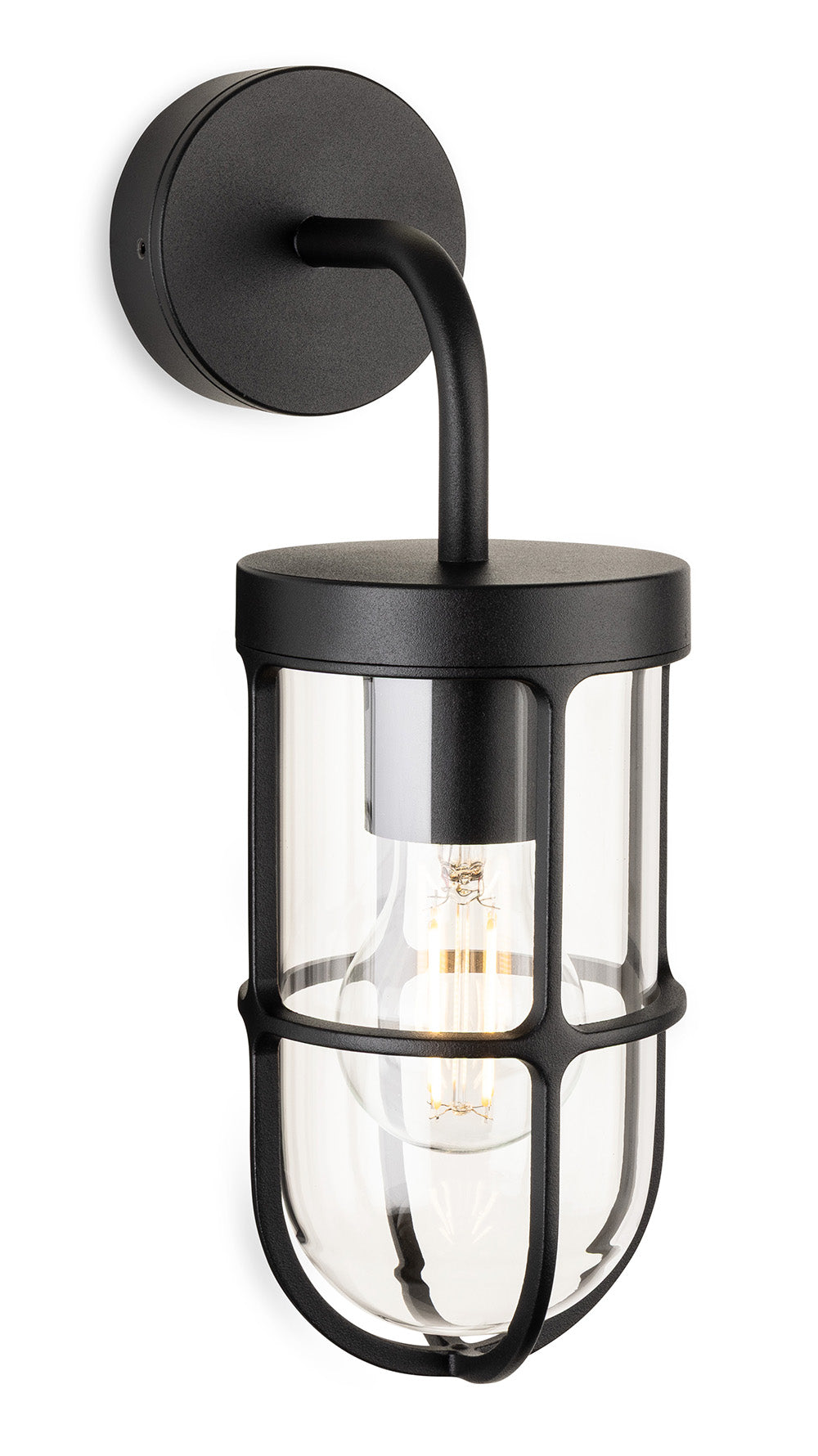 Black outdoor wall light with a clear glass shade and exposed bulb