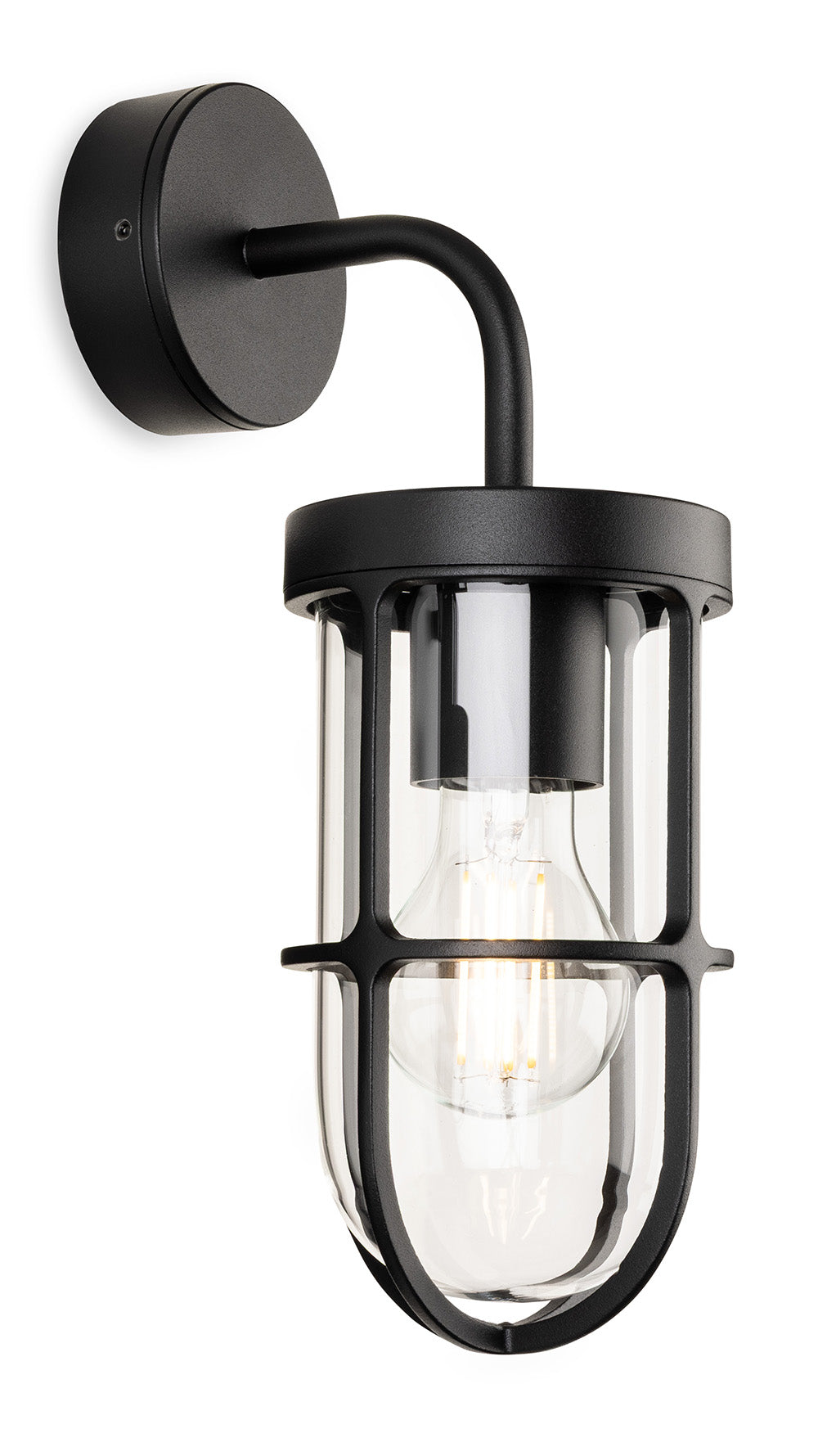 Black outdoor wall light with a clear glass shade and exposed bulb