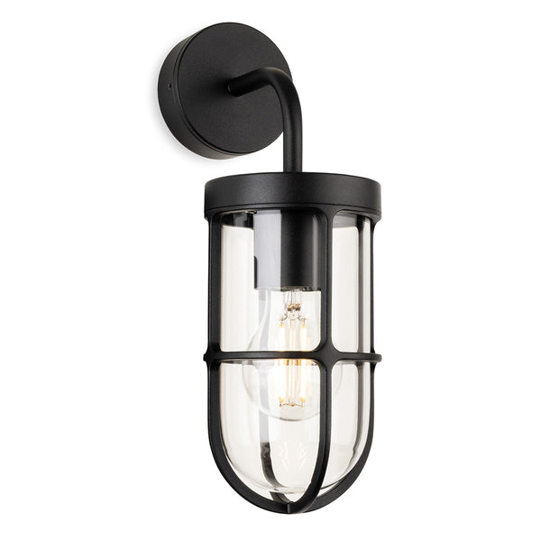 Black wall light with a clear glass shade and a visible filament bulb
