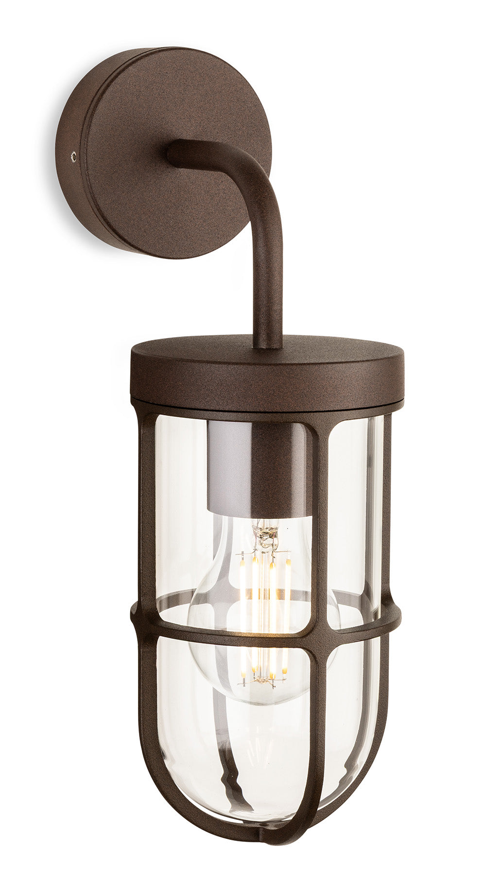 Bronze outdoor wall light with a clear glass shade and exposed filament bulb